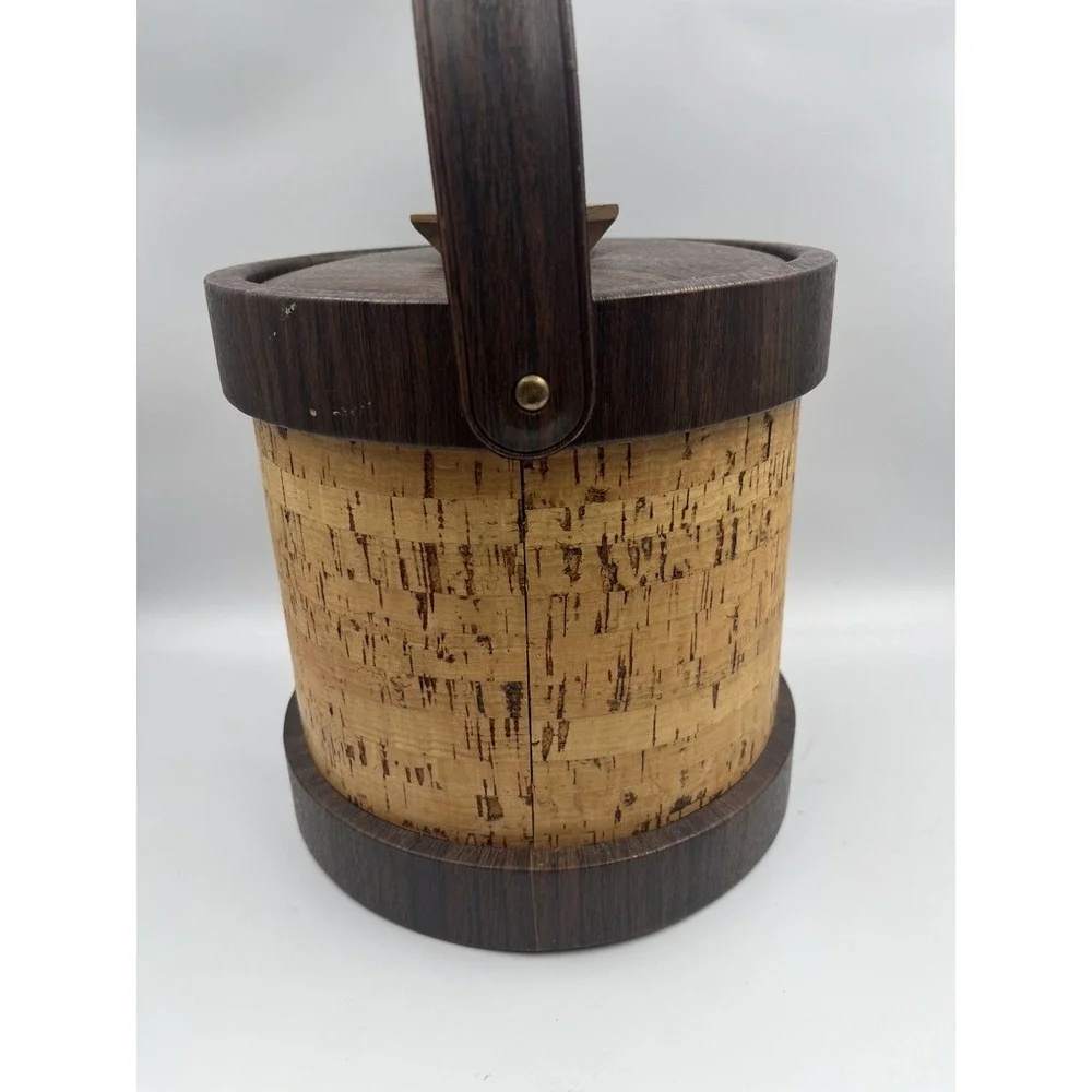 Vintage 1970s Cork Ice Bucket Faux Wood Grain MCM Barware Retro Decor